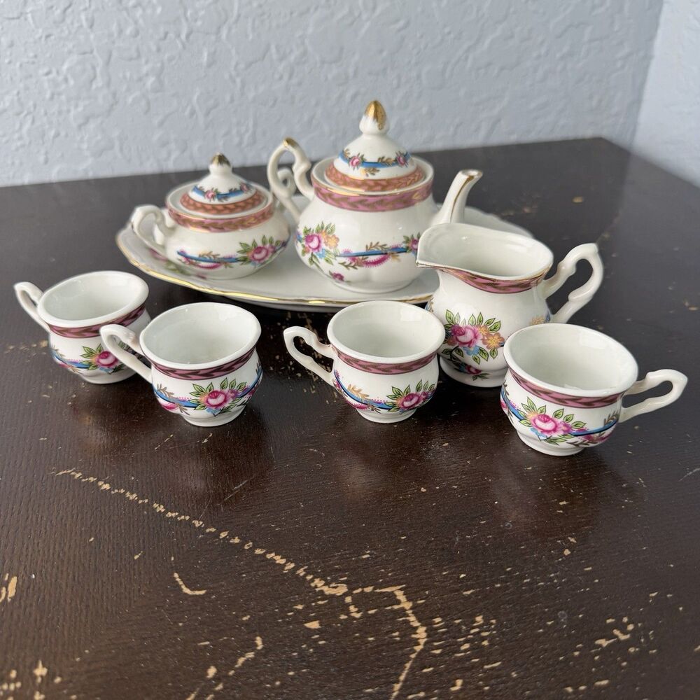 Vintage Limoges Miniature Porcelain Tea Set Dollhouse White Pink Blue Floral
